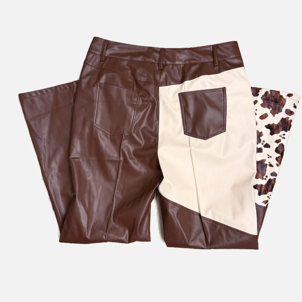 Ursime Western Cow Pattern PU Leather High‎ Waist Bell Bottom Pants - Size XL